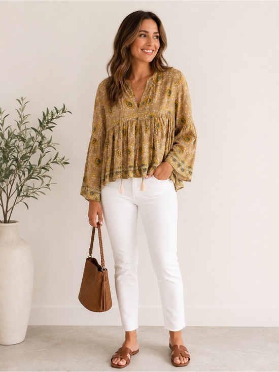 Natalie Martin Tops - Natalie Martin Mustard Floral V-Neck Peasant Blouse